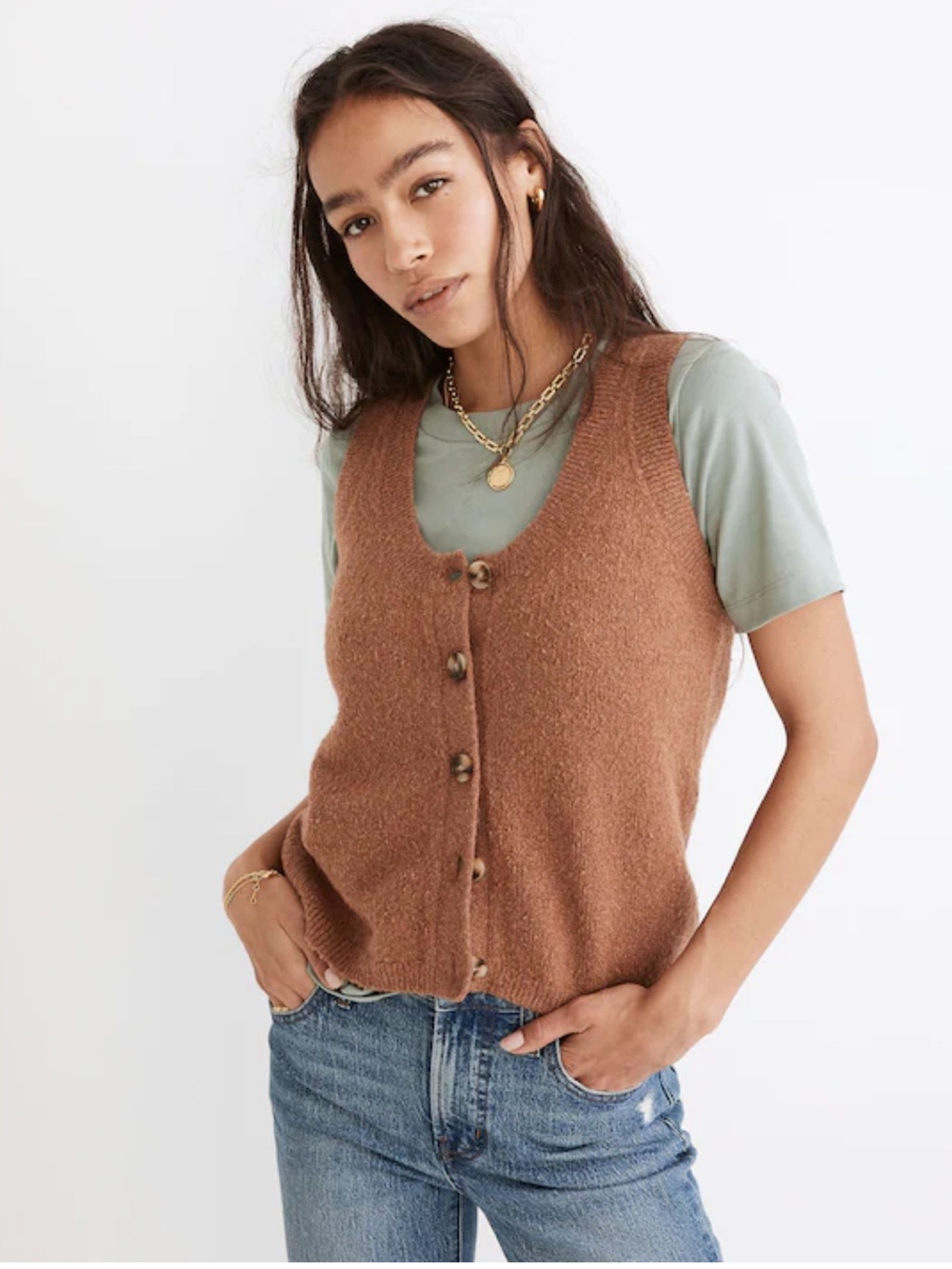 Madewell Kneale Button-Front Sweater Vest Rust Brown Merino Wool Blend Academia